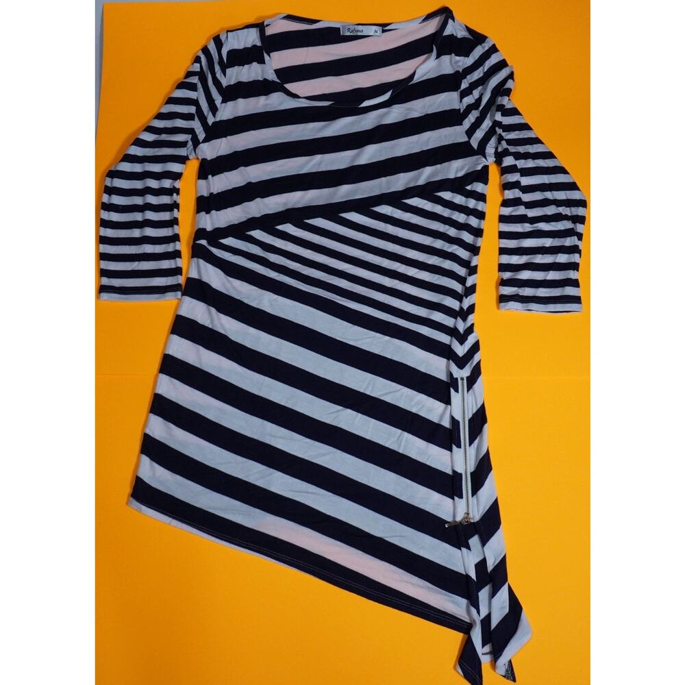 Rafiana womens nautical dress scoop striped 3/4 sleeve hi lo asymetric style M
